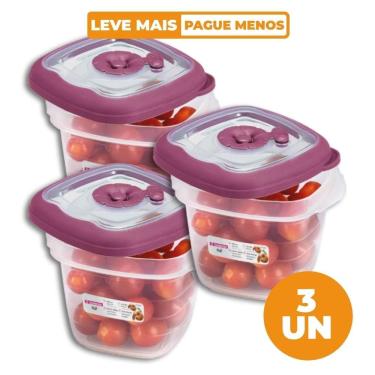 Imagem de Kit 3 Potes Herméticos Quadrados Flor Açaí 450ML para Armazenar Alimentos com Vedação e...