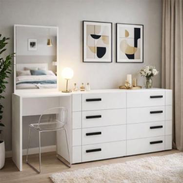 Imagem de Cômoda Lisboa 8 Gavetas com Espelho Branco - Politorno, Branco