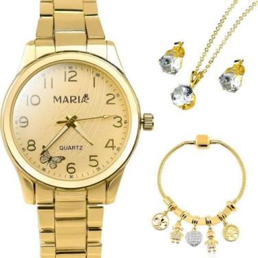 Imagem de Relogio Feminino Aço Inox Banhado + Pulseira + Brincos Colar Garantia 
