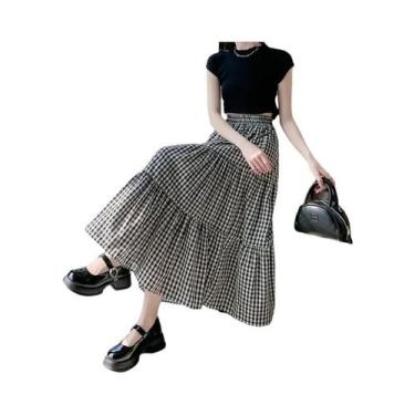 Imagem de Saia Vintage Xadrez De Cintura Alta Com Camadas E Patchwork Para Mulhe