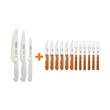 Imagem de Kit Faqueiro Premium 3 Peças e Jogo Churrasco 12 Itens Dynamic Aço Inox Cabo Polipropileno Branco Tramontina