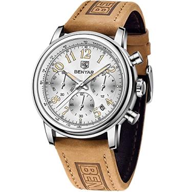 Imagem de BENYAR Relógio masculino de quartzo à prova d'água, cronógrafo, número de data, relógio esportivo casual, pulseira de couro, cinza, azul, preto, analógico, masculino, Branco