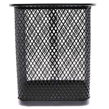 Imagem de RuiLing 1 pacote com 1 suporte de caneta de malha em formato redondo e recipiente de lápis multiuso de metal vazado para mesa organizador de armazenamento para artigos de papelaria para estudantes (preto), Square