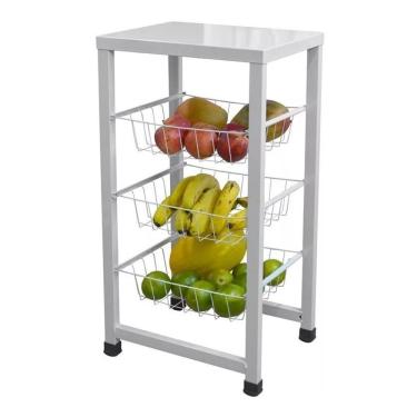 Imagem de Fruteira Branca De Chão Alta Tripla Com Cestos Aramados E Tampo