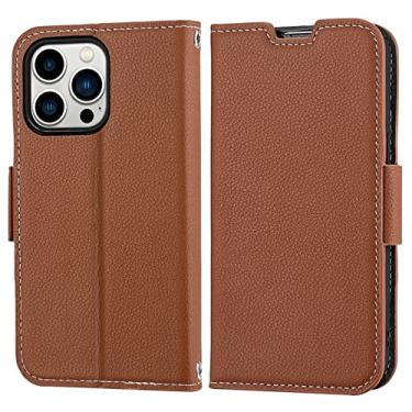 Imagem de Capa carteira para iPhone 13 Pro Max/13 Pro/13/13 Mini, capa de couro legítimo premium com suporte para cartão capa flip magnética para notebook, marrom, 13 Pro Max 17 cm