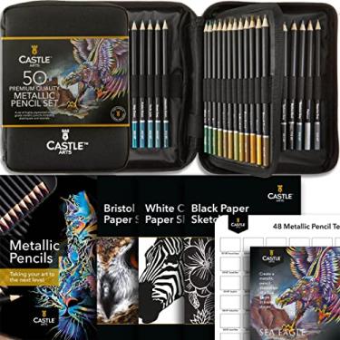 Imagem de Castle Art Supplies Conjunto de 48 lápis de cor metálicos com extras | Cores de cera de qualidade com tons brilhantes para artistas profissionais e adultos, coloristas | em capa com zíper forte para