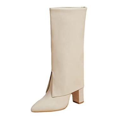 Imagem de Botas femininas com salto bloco grosso salto alto grosso botas de salto alto escarpim para mulheres botas de bico fino sapatos de vestido de casamento botas altas, bege, 40 EU/9 US