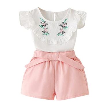 Imagem de Mercatoo Conjunto de tops + shorts camiseta de bebê com babados 2 peças para meninas florais infantis bordadas roupas de verão na moda para meninas adolescentes (rosa, 4-5 anos)