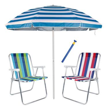 Imagem de Kit Praia 2 Cadeiras Alta Alumínio + Guarda Sol 2,6m Listrado Alum + Saca Areia - Mor
