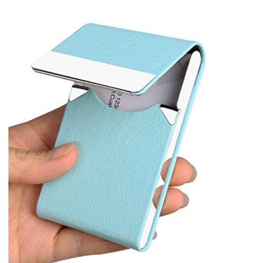 Imagem de Estojo com porta-cartões de visita - JuneLsy Professional PU Leather Business Card Case Metal Name Card Holder Bolso Porta-cartões de visita para homens e mulheres com fecho magnético (azul-claro)