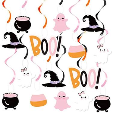 Imagem de 20 peças de espirais de pendurar para festa de Halloween, lindo fantasma rosa de açúcar morcego para pendurar no teto para chá de bebê de Halloween, festa temática de aniversário de Halloween, decorações em espiral