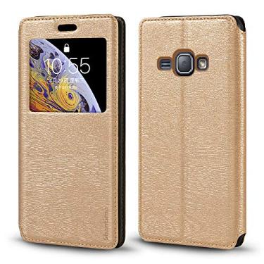 Imagem de Capa para Samsung Galaxy J1 6 Duos LTE, capa de couro de grão de madeira com suporte de cartão e janela, capa flip magnética para Samsung Galaxy J1 4G (4,5 polegadas) dourada