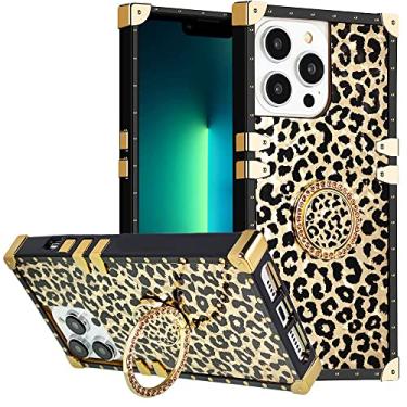 Imagem de Capa para iPhone 14/iPhone 13 com suporte de anel, DMaos Golden Reflective Suitcase Fashion Design para Mulheres, Suporte de Diamante Brilhante, Premium para iPhone14 iPhone13 6,1 '' - Leopardo