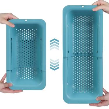 Imagem de BLUE GINKGO Cesto de coador sobre a pia – Lave legumes e frutas, escorra macarrão cozido e pratos secos – Extensível – Novos itens essenciais de cozinha para casa (19 L x 35 C x 7 A) – azul-petróleo