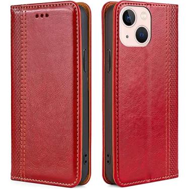 Imagem de CYSUE Capa carteira flip para iPhone 14/14 Plus/14 Pro/14 Pro Max, capa de couro durável com suporte de cartão fecho magnético TPU à prova de choque capa de telefone fólio (cor: vermelho, tamanho: 14Plus)