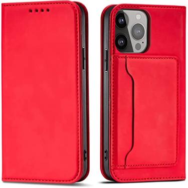 Imagem de KANUZ Capa flip para iPhone 14/14 Plus/14 Pro/14 Pro Max com suporte para cartão, capa de carteira de couro premium fecho magnético TPU à prova de choque capa de livro fólio (cor: vermelho, tamanho: 14Pro)