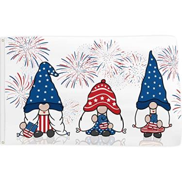 Imagem de Bandeira dos gnomos dos EUA Bandeira do Dia da Independência Banner 3x5 pés 4 de julho Sinal de quintal dos EUA Memorial Dia Nacional Suprimentos de festa Decorações patrióticas EUA Decoração de férias Fogos de artifício Duplo Sched com latão