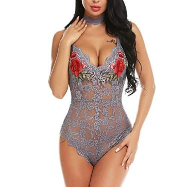 Imagem de Bigfanshu Roupa íntima feminina de renda sexy com decote em V Body Teddy Lingerie Macacão bordado com gola cinza