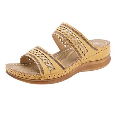 Imagem de Sandálias de plataforma respiráveis bordadas de verão sandálias femininas abertas sem cadarço sapatos de praia femininos (cáqui, 35-36)