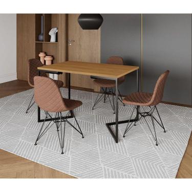 Imagem de Mesa Jantar Industrial Retangular Canela 120x75 Base V com 4 Cadeiras Estofadas Caramelo Aço Preto 