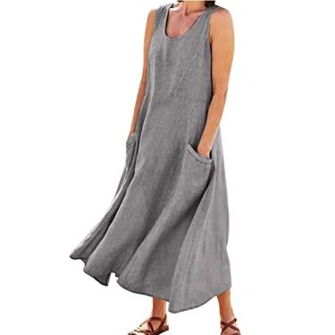 Imagem de UIFLQXX Vestidos de verão femininos 2023 cor sólida gola redonda bolsos casual vestido longo diário vestido regata vestido liso, Cinza escuro, 5XG