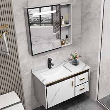 Imagem de Armário de banheiro com pia, armário de armazenamento de banheiro com portas de fechamento macio, conjunto de penteadeira montado na parede com moldura de alumínio para banheiro com armário de espelho