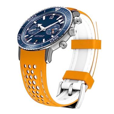 Imagem de Kai Tian Pulseira de relógio de borracha esportiva de corrida de 22 mm com extremidades curvas de silicone durável em dois tons laranja (costura branca) para homens e mulheres