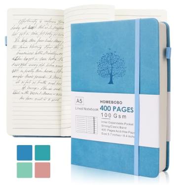 Imagem de HOMEBOBO Diários para escrever, caderno pautado em couro A5 com 400 páginas, diário pautado universitário de 100 g com papel grosso, capa dura com bolso interno e suporte para caneta, azul celeste