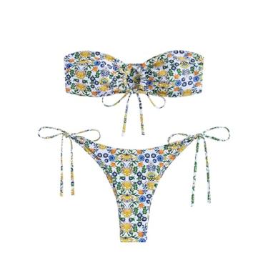 Imagem de ZAFUL Conjunto de biquíni feminino com faixa de anel, maiô sem alças, biquíni de corte alto, roupa de banho com 2 peças, Floral-amarelo, M