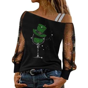 Imagem de CGGMVCG Camiseta feminina de Dia de São Patrício com ombro de fora, manga comprida, casual, estampa de taça de vinho, malha para o dia de São Patrício, Preto #3, GG