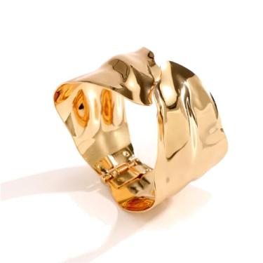 Imagem de YBMYCM Bracelete de ouro grosso para mulheres, meninas, banhado a ouro 18 quilates, pulseiras para mulheres, pulseira larga e aberta moderna, bijuteria de fantasia de ouro, Large, Metal, Sem pedras
