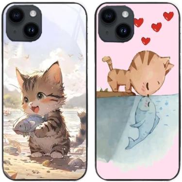 Imagem de 2 peças de capa traseira para celular com estampa de gato fofo beijo amor peixe TPU gel silicone para Apple iPhone (iPhone 15 Plus)