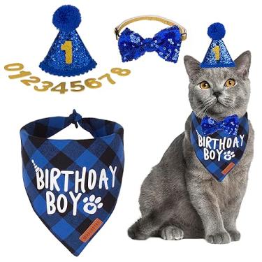 Imagem de ADOGGYGO Artigos de festa de aniversário para gatos, bandana xadrez para meninos, gravata borboleta de gato, chapéu de aniversário de gato com números, roupa de aniversário de animal de estimação para