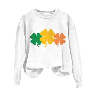 Imagem de Camisetas femininas do Dia de São Patrício com estampa verde de trevo irlandês, manga comprida, gola redonda, Branco, GG