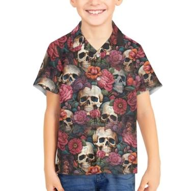 Imagem de ZWPINITUP Camiseta infantil masculina havaiana praia casual botão camisa manga curta verão respirável camisa presente, Caveira rosa brilhante, 13-14 Anos