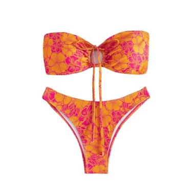 Imagem de WDIRARA Biquíni feminino zebra de mármore com cordão tomara que caia sem alças, Laranja, multicolorido, P