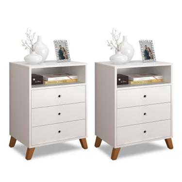 Imagem de Kit 2 Mesas De Cabeceira Retro Pes Palito 3 Gavetas E 1 Nicho Branco