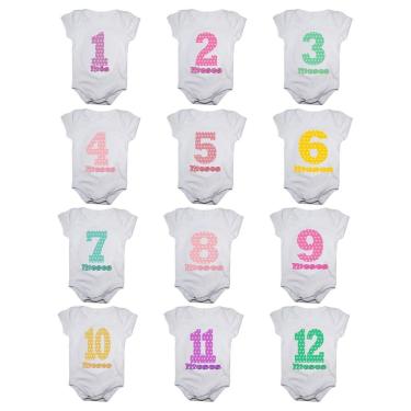 Imagem de Kit body bebê mesversario manga curta números coloridos 12 bodies 1 a 12 meses