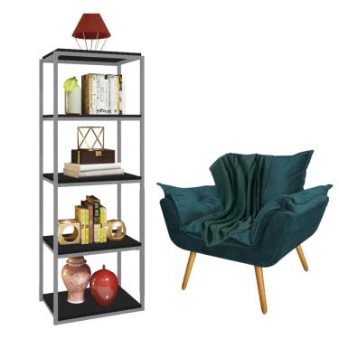 Imagem de Kit Poltrona Fatte com Manta Soft Verde e Estante Livreiro Ferro Cinza MDF Preto Suede Azul Turquesa - Ahz Móveis