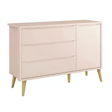 Imagem de Cômoda Infantil Theo 1 Porta E 3 Gavetas Rosa Fosco Com Pés Madeira Natural - Reller Móveis Rosa Fosco