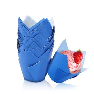Imagem de Forro de cupcake de tulipa de confiança, suportes para assar copos e copos de assar para casamentos, aniversários, Natal, festas de chá de bebê, Azul
