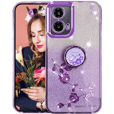 Imagem de Ysnzaq Capa brilhante para Motorola Moto G24/Moto G04/Moto G04s/ Moto E14 com suporte de anel embutido, design floral com glitter transparente, capa fina à prova de choque com um toque de glamour para