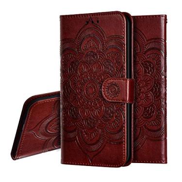 Imagem de OOPKINS Capa de couro PU para Samsung A21S mandala design em relevo capa de telefone flip notebook carteira slot cartão suporte magnético capa para Samsung Galaxy A21S mandala marrom LD