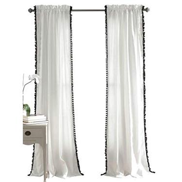 Imagem de Lush Decor, Cortina preta com pompom | Painel de janela texturizado, cor lisa estilo chique para sala de estar, sala de jantar, quarto (único), 241 cm x 127 cm, branco, 241 cm x 127 cm