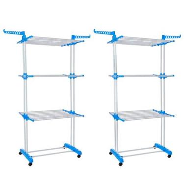 Imagem de Kit 2 Varais de Chão 3 Andares Retrátil Dobrável Aço Inox com Rodas - 