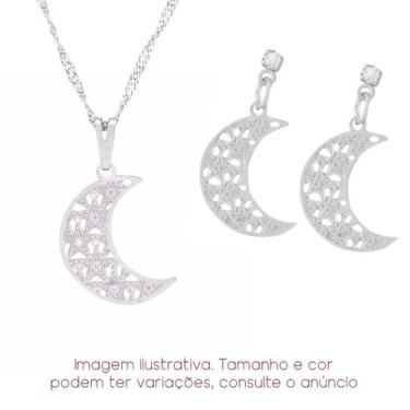 Imagem de Kit Lua com Estrelas Colar + Brinco - Sunshine Cristais, Prateado