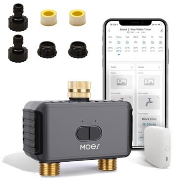Imagem de MOES Temporizador de irrigação WiFi 2 zonas com giro de latão, temporizador de água inteligente para mangueira de jardim com hub WiFi, temporizador de água de 2 saídas para mangueira de jardim,