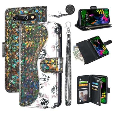 Imagem de Dibosom Capa carteira floral para LG G8 ThinQ com alça de pulso alça de ombro flip zíper bolsa porta-cartões, capa de celular com glitter para LGG8 Thin Q G 8 LG8 G8thinq LGG8thinq 8G preta