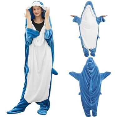 Imagem de Bcareself Cobertor de tubarão adulto infantil com capuz, cobertor de tubarão, macio e aconchegante saco de dormir de tubarão de flanela, Azul, XL: 5' 9''-6' 7''