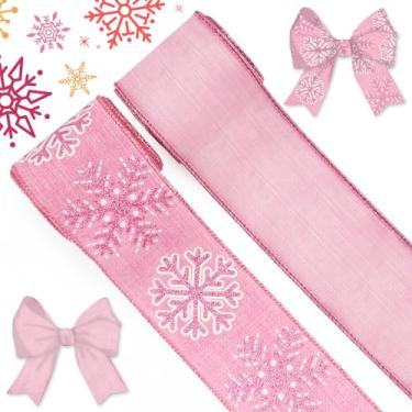 Imagem de Blinket Fita rosa de Natal fita de floco de neve, 6 cm x 5 metros, fita com fio impressa com glitter de floco de neve para arcos de árvore de Natal, grinaldas e embrulho de presente de Natal